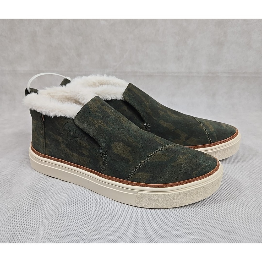 TOMS Womens Size 9 Shoes Camo Suede Sneaker Faux Fur Trimmed Deep‎ Forest